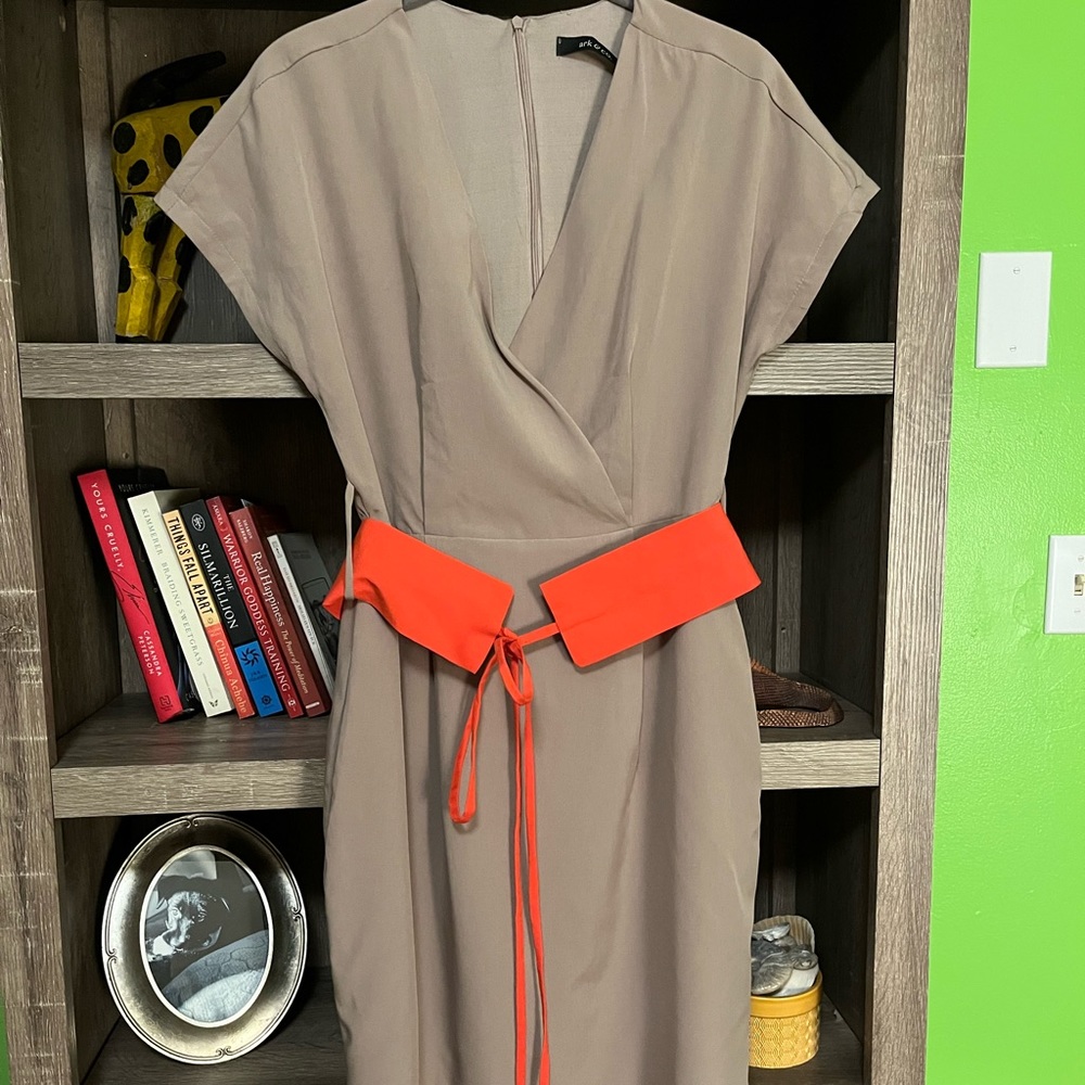 Tan Faux Wrap Dress with Belt